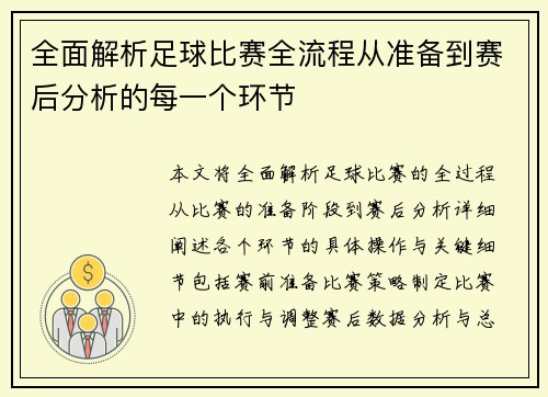 全面解析足球比赛全流程从准备到赛后分析的每一个环节